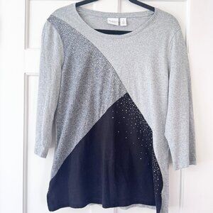 Weekends by Chico's Scoop Neck Top Gray Black Sparkly Accents Women's Size 1